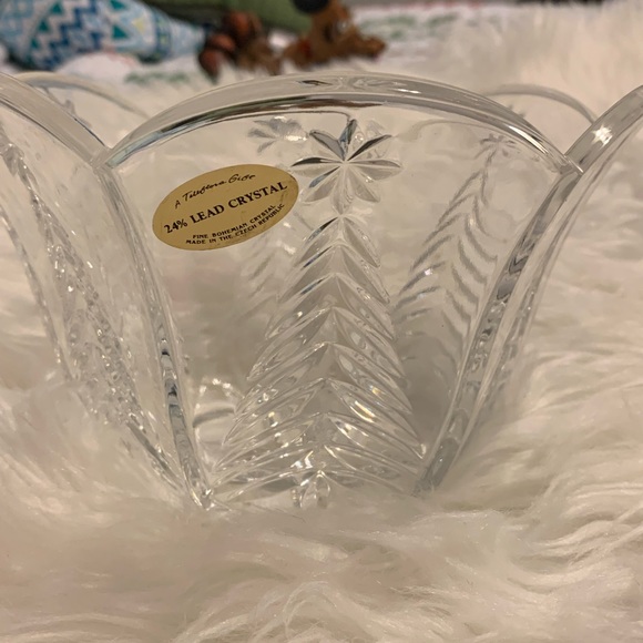Lead Crystal Holiday Ice Bucket Bowl Winter Evergreen Tree  Stars Etched Czech - Picture 3 of 11